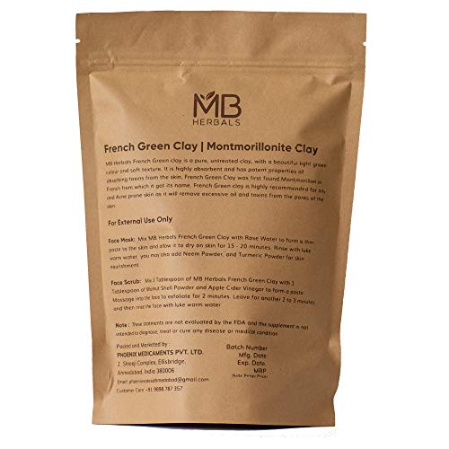 MB Herbals French Green Clay 100g | | Clay pura de Montmorillonite | Absorve excesso de óleo | Desintoxica a pele | Recomendado para a pele oleosa | Extraído e processado na Índia
