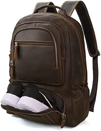 LANNSYNE Vintage Full Grein Genuine Coather Backpack de 16 Bolsa de laptop com compartimento de sapato Casual Daypack