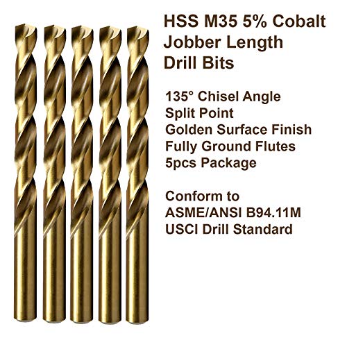 Maxtool 5/64 5pcs idênticos duração do trabalho de trabalho hss m35 bits de broca de torção 5% cobalto totalmente moído hastes de haste direta de ouro; jbf35g10r05p5