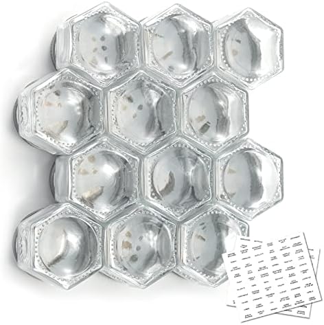 Conjunto homazante de 12 frascos de especiarias magnéticas para geladeira de vidro hexagon de vidro de vidro de potência de especiarias para trava de trava de cozinha, recipientes magnéticos de especiarias com tampas magnéticas shaker e tampas e etiquetas