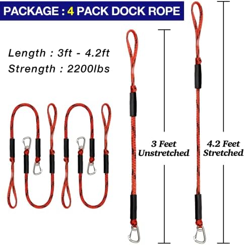 4 Pack Bungee Boat Dock Line com clipe de aço inoxidável Acessórios para barcos de corda de corda de 3 pés de 3 pés Linhas de encaixe