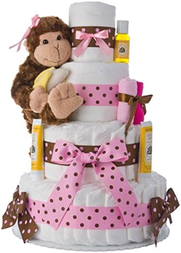 Bolo de fralda - tema de macaco rosa feito à mão por lil bolos para bebês - presente para a menina - faz uma ótima