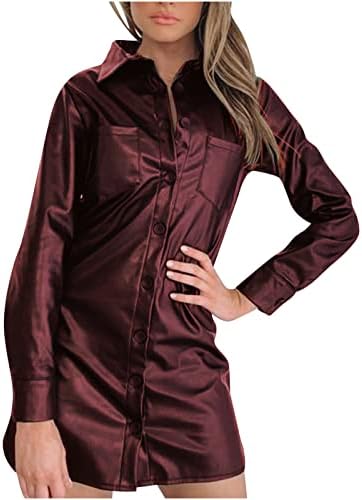 Vestido de camisa de couro falso feminino, botão vintage para cima vestidos de manga comprida com bolso casual lapéu solto V vestido de pescoço