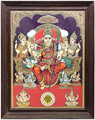 Índia exótica 43 x 55 Deusa Rajarajeshwari Tanjore Pintura | Cores tradicionais com ouro 24K | Teakwood Fram