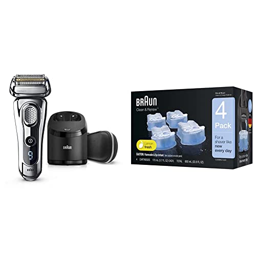 Braun Electric Razor for Men, Série 9 9296cc barbeador elétrico com aparador de precisão, recarregável, molhado e seco, estação limpa e de carga e estação de viagem com cartuchos de recarga limpa e renovada, 6 contagem