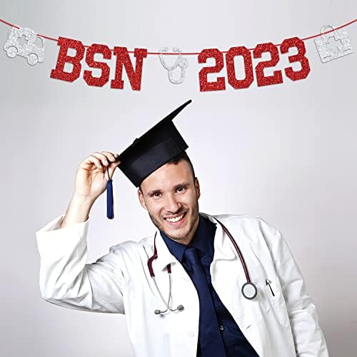 BSN 2023 BANNER - Enfermeira Bunting Sign, Future Enfermeira, Decorações de Festa de Faculdade de Medicina - Glitter Vermelho e Prata