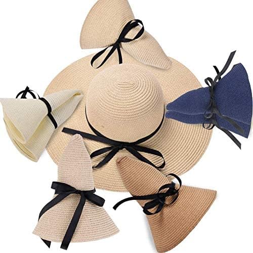 Chapéu de palha de praia do sol do sol do sol da mulher, chapéus dobráveis ​​largos com borda com bowknot upf50