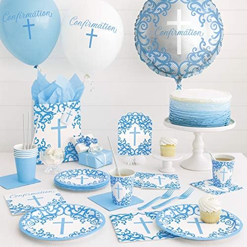 Pacote de festas em cruz religioso azul sofisticado - pratos de papel, guardanapos de almoço, xícaras e conjunto de tampa de mesa