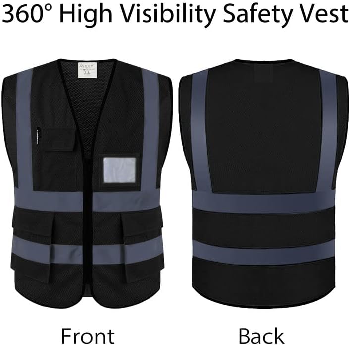 Colete de segurança refletivo de alta visibilidade da NRGready com 6 bolsos e zíper, colete de segurança para homens/mulheres