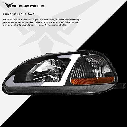 Alpha Owls 8709504 Faróis de cristal com barra de luz LED branca - Black Amber Fits 1996-1998 Honda Civic