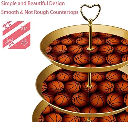 3 Placa de fruta de cupcakes de 3 camadas de sobremesa Plástico para servir suporte de exibição para casamento de aniversário Decorações de chá de chá de chá de bebê redondo, padrão de basquete esportivo laranja laranja