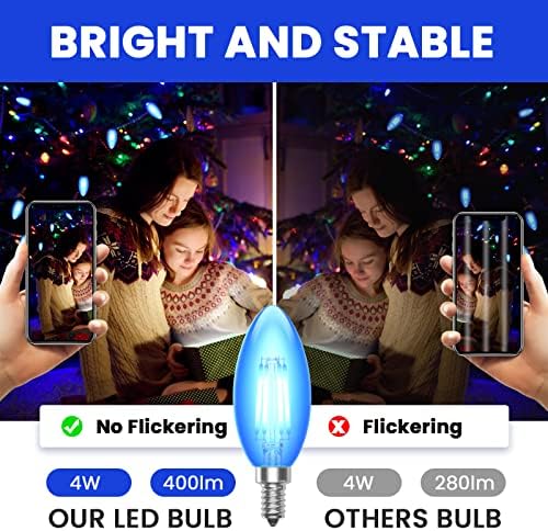 Klarlight Blue Base LED LED BASE E12 Base, 4W C35 Blue vintage Edison Bulbo E12 Filamento colorido Lâmpada de vela de vidro transparente