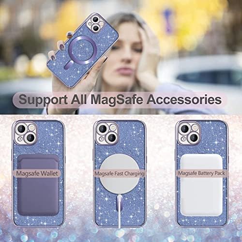 Lapopnut para iPhone 13 Case compatível com Magsafe Luxo Chete Glitter Plating Silicone Soft Cover for Women Girl, Bling Swledly Clear Protective Phone Case para iPhone 13 roxo