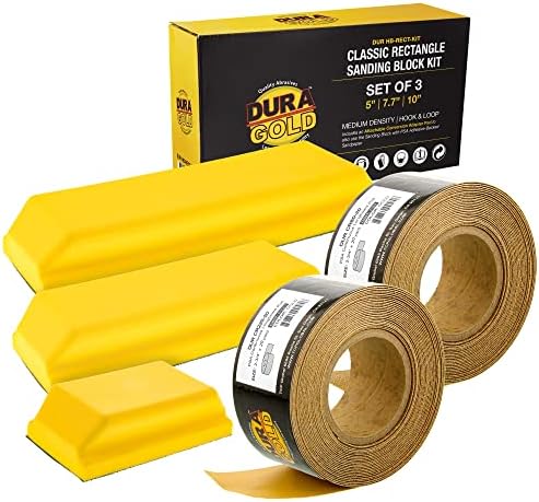 Dura-Gold Pro Série Retângulo Lixar Kit de Blocos de Mão com 3 blocos, 5 , 7-3/4 e 10 Conjunto, gancho de gancho e loop e adaptador PSA Pad & 80 e 220 Grit PSA Longboard Roll 20 jardas, 2- 3/4 de largura