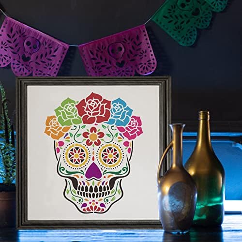 BENECREAT 12x12 polegadas México Modelos de Arte de Pintura Estrelada de Sugar Skull, Dia reutilizável do estêncil morto para projetos