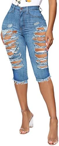 GDJGTA Mulheres rasgou orifícios jeans jeans shorts calças fêmeas altas cintura angustiada Jeans curtos damas esticadas jeans finas