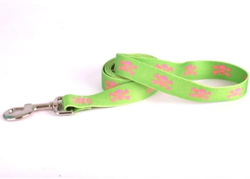 Projeto de cão amarelo Crânio verde e rosa Couplor Dog Leash 3/8 de largura e 9 a 12 de comprimento, pequeno
