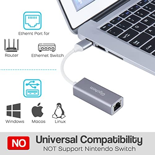 Adaptador USB para Ethernet, Giochem Aluminium USB 3.0 a 100/1000 Gigabit Ethernet LAN Adaptador de rede para MacBook, Surface, Notebook PC com Windows, XP, Vista, Mac/Linux