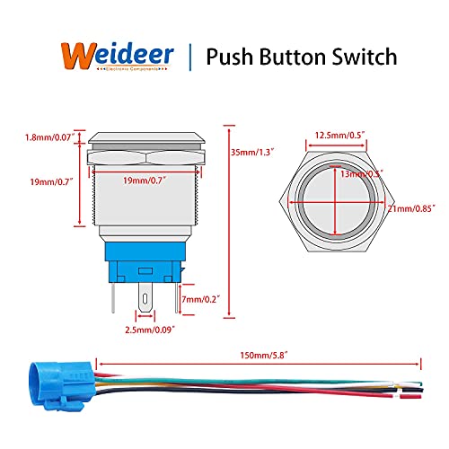 Weideer 19mm Butching Butching interruptor METAL 12V Anel azul LED de 5 pinos Spdt On/Off Butchet com plugue de soquete de fio para orifício de montagem de 19mm 3/4