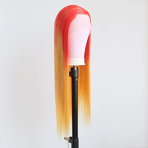 BTWtry Synthetic Lace Front Wig Mix Red Ombre Orange Mix Amarelo para mulheres Cabelos longos e retos meia mão Amarrada Substituir perucas