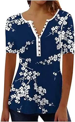 Túdos de túnica de estampa floral para mulheres de verão Casual Casual Manga curta Ejeira Henley Top Blouse de camiseta em V-dequela em V
