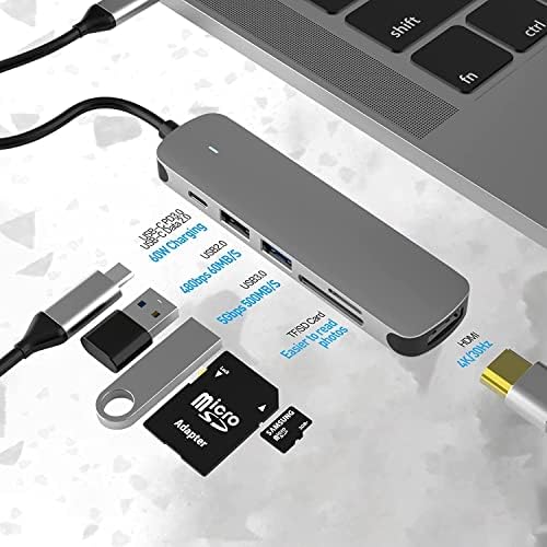USB C Hub, Adaptador USB C 6 em 1 com USB 3.0, 4K-HDMI, USB C Conexão/PD, Leitor de cartão SD/TF, estação de encaixe compatível