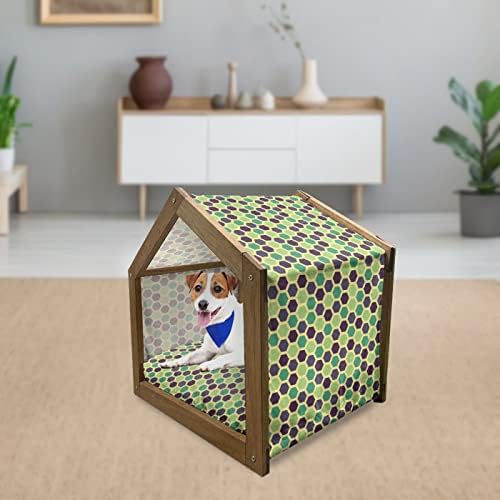 Casa de animais de estimação de madeira verde azul lunarável, padrão de pente hexagonal em tons verdes e roxos simples