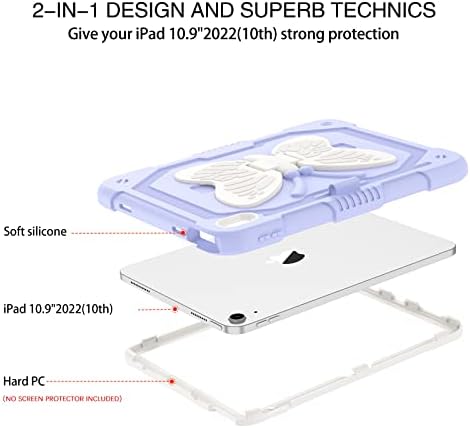 Duedue para iPad 10th Generation Case, iPad 10.9 Caso 2022, Butterfly Wings Kickstand Caso de Tablet de proteção à prova de choque pesado para o Apple iPad 10,9 polegadas de 10ª geração para crianças, bege/roxo