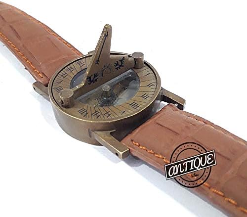 AV Vintage Sundial Compass com cinta de couro Retro Antique Band Compass Compass náutico Viajar Wear Artigo feito à mão