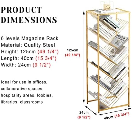 Royumi 4/5/6 Níveis de revista Titular Standing, Gold Metal Book Stands para exibição, o organizador de arquivos contemporâneo de jornais,