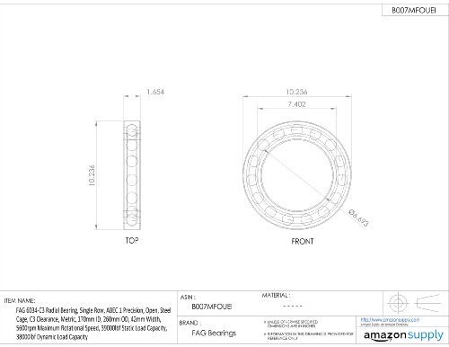 FAG 6034-C3 Rolamento radial, linha única, precisão ABEC 1, abertura, gaiola de aço, folga C3, métrica, ID de 170 mm,