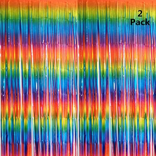 2,5m Rainbow Colorful Foil Fringe Curtain, Tinsel Metallic Curtains Penassal para festa de aniversário noivado de casamento chuveiro de noiva 2 pacote