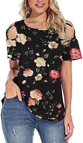 Camiseta da blusa para mulheres com manga curta sem alças 2023 Barco de ombro frio pescoço Butterfly Floral Graphic Lounge