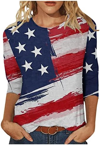 Camisas de bandeira americana feminina 4 de julho Camisa patriótica EUA Estrelas listras 3/4 de manga T-shirt Summer Casual O-deco