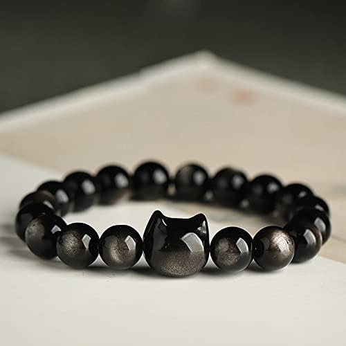 Owmell Black Obsidian Bracelet, pulseiras de miçangas de gato para homens homens, pulseira de alongamento 8mm