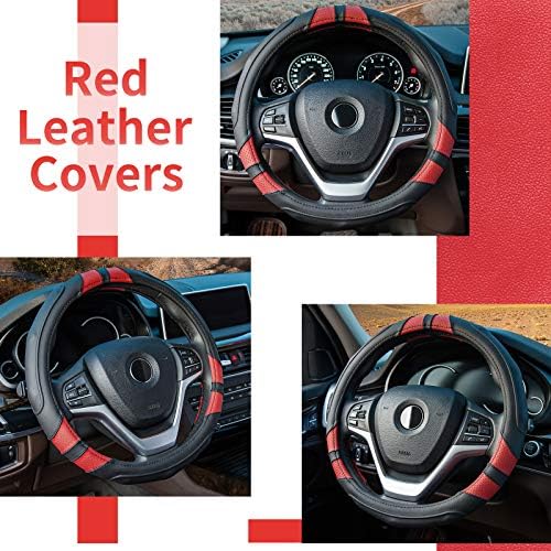 Achiou Black and Red Car Direcioning Capa Universal 15 polegadas com contornos de aderência, automóvel de couro para homens e mulheres que não deslizam respiráveis ​​macios e confortáveis