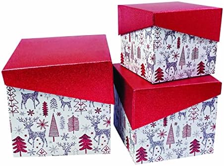 Caixas de presente de ninho de Natal - Árvores de glitter da Borgonha Vermelha de Prata Branca e Rena