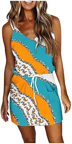 Vestido de tanque feminino Ymadreig Spaghetti Mini Dress V Vestido de praia Vestido de verão Casual Dress String Sleesess Dress