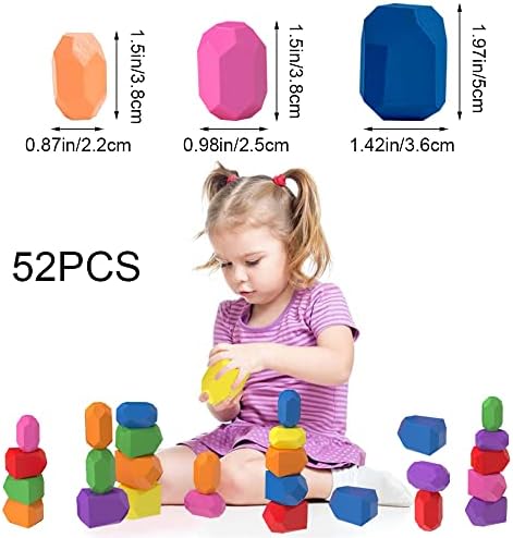 DaseInngee 52 PCs empilhando rochas de madeira empilhando brinquedos para crianças pequenas para crianças MONTESSORI Toys de madeira blocos de construção de pedras de empilhamento para crianças 3 4 5 anos