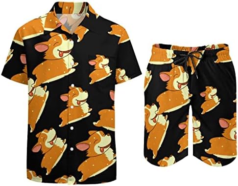 Engraçado Corgi Hawaiian Button-Down Camisetas e calças de manga curta Roupa de praia de verão
