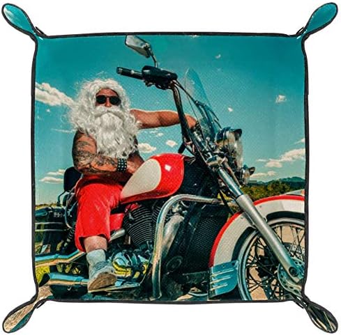 AISSO Papai Noel Claus montando um organizador de bandeja de manobrista de couro de motocicleta para carteiras, relógios, chaves, moedas, telefones celulares e equipamentos de escritório