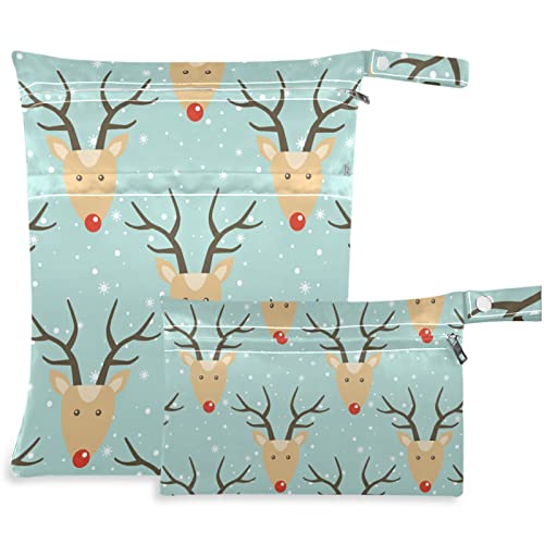 VISESUNNY DEER NEVE SENHA 2PCS SACO molhado com bolsos com zíper Saco de fraldas salateadas reutilizáveis ​​para viajar, praia, creche,