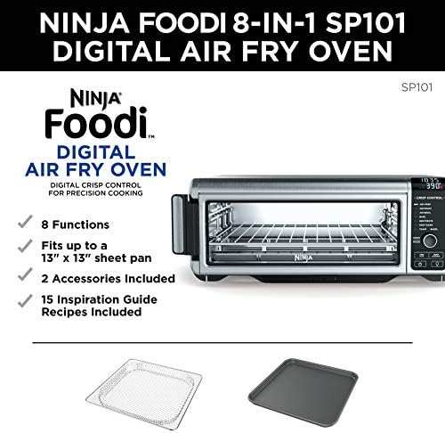 Ninja SP101 Digital Air Fry Banchartop forno com funcionalidade 8 em 1, capacidade de flip-up e distância para espaço de armazenamento, com cesta de ar, rack de arame e bandeja de migalhas, prata