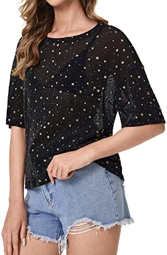 Tops de manga curta de verão femininos makemechic veem através da blusa de camiseta sexy de malha