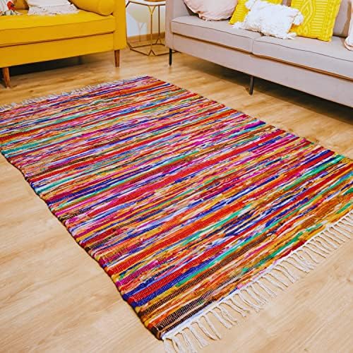 Rajrang trazendo Rajasthan para você Chindi Rag Rag Rag 5x7 pés Mão trançada tapetes de corredor multicolor com borlas