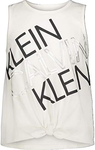 Tampa de tanque de desempenho de garotas de Calvin Klein, decote sem mangas e decote de tripulação, detalhamento do logotipo