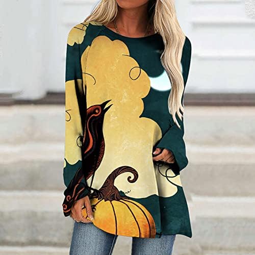 Narhbrg Halloween Bloups for Women Long Slave Tunic Tops Crewneck colorido witch impresso camisa casual