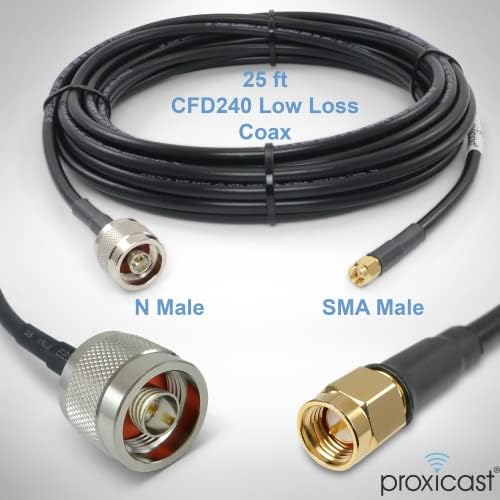 Proxicast 25 pés SMA Male para N Male Premium 240 Série de baixa perda de cabo de baixa perda para 4G LTE, Modems/roteadores 5G, HAM, ADS-B, GPS para Antena ou Surge Melvester Uso