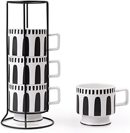 Conjunto de canecas de café em casa do Antis Combatível com 4 com estande, caneca de café de cerâmica de estilo minimalista de 10 oz com prateleira, xícaras de café expresso conjunto de café conjunto para café, chá, cacau, leite, preto e branco