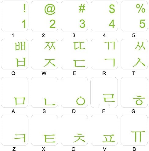 Etiquetas de teclado coreanas com letras verdes sobre fundo transparente